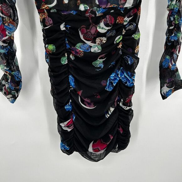 DESIGUAL Black Colorful M. Christian Lacroix Short Ruched V-Neck Mini Dress XS - Picture 7 of 11